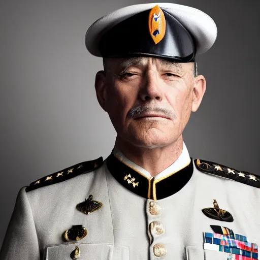 Prompt: a masterpiece portrait photo of an older man in a military uniform full of distinctions, mary elizabeth winstead symmetrical face