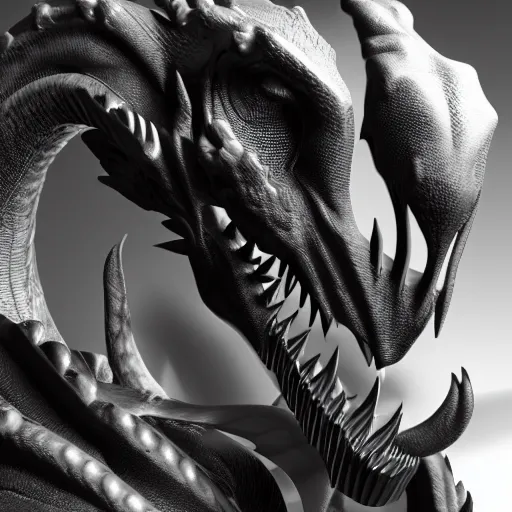 Prompt: a black and white 3D render of a beautiful profile face portrait of a female dragon-cyborg
