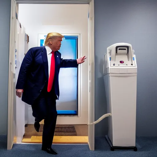 Prompt: Donald Trump flushing a voting machine down the toilet, Canon EOS R3, f/1.4, ISO 200, 1/160s, 8K, RAW, unedited, symmetrical balance, in-frame