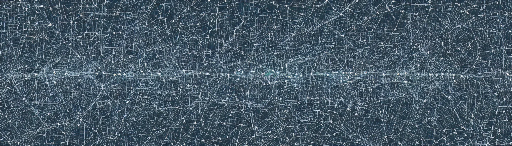 Image similar to a high-resolution data visualization in the shape of a city skyline, clusters and constellations of fragmented connections in the pattern of an audio waveform