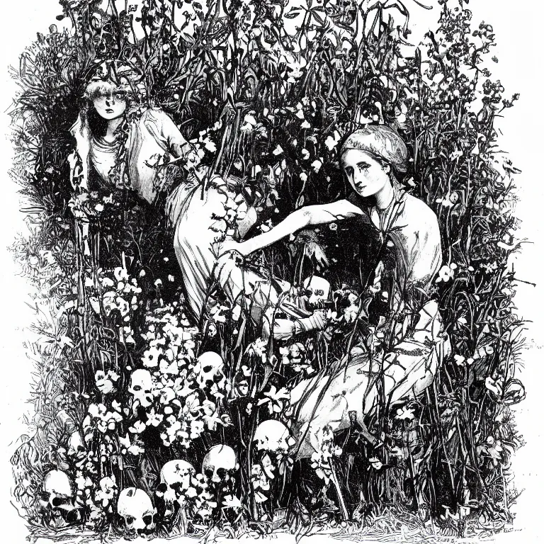 Image similar to a walther caspari illustration in lustige blatter in 1 8 9 9 of a ( young goddess, sitting on a conical!!!! pile! of small skulls ) with huge flowers on tall stalks behind her, black and white pen an ink drawing