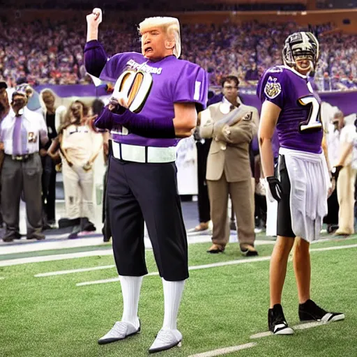 Image similar to Donald Trump wearing a Baltimore Ravens jersey. realistic. 8k. Highly detailed.