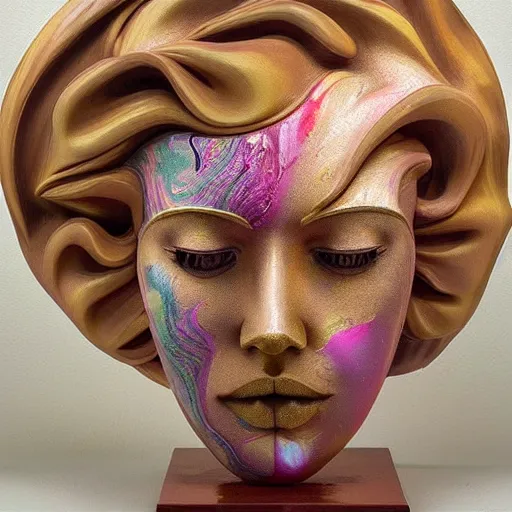 Image similar to epic, abstract sculpture of beautiful female face and marbling liquifying acrylic painting, clouds, golden hour, beautiful light, 3 d sculpture of carving marble