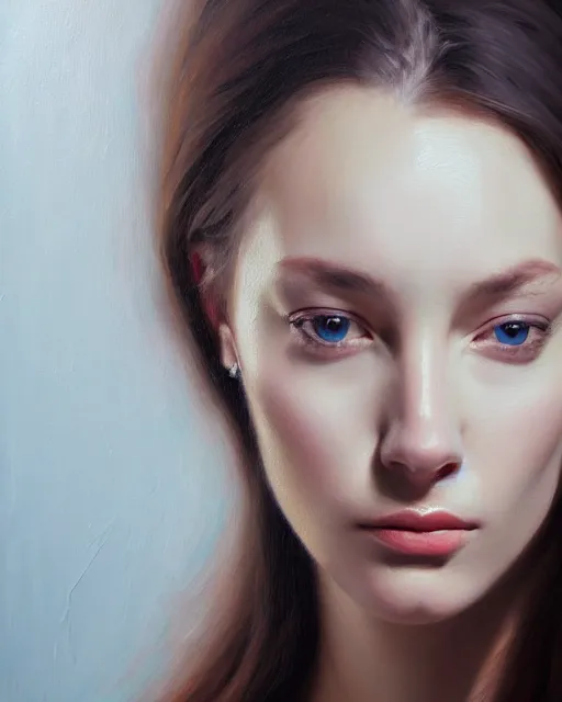 Prompt: portrait of a beautiful woman, enigmatic beauty, head in focus, intricate, elegant, highly detailed, hyperrealistic painting, concept art, painterly, sharp focus, art by ive freya