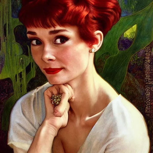Image similar to Audrey Hepburn with red hair and long pixie haircut in shorts and white shirt drawn by Donato Giancola and Jon Foster, frank frazetta, alphonse mucha, background by James Jean and gustav klimt, 4k, volumetric lighting, french nouveau, trending on artstation, octane render, hyperrealistic