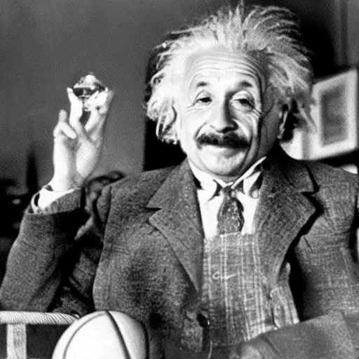 Prompt: NBA broadcast of Albert Einstein as an NBA all-star