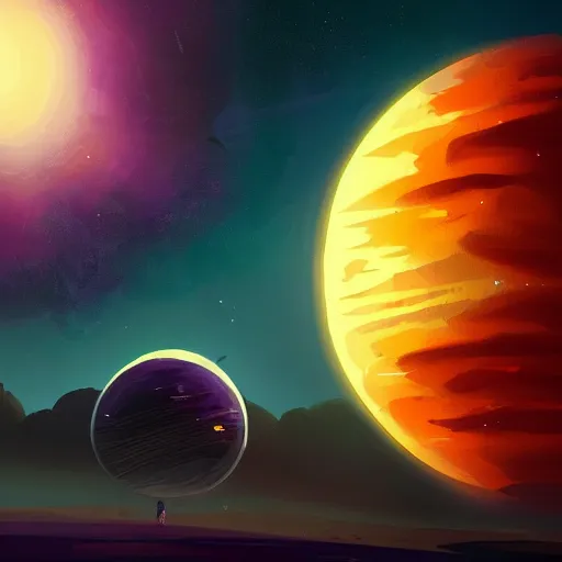 Image similar to a detailed digital painting of a earth - like planet orbiting a large purple sun in space in a sea of stars, by alena aenami, petros afshar and greg rutkowski trending on artstation, deviantart, planet, clouds, earth, exoplanet, stars, nubulae
