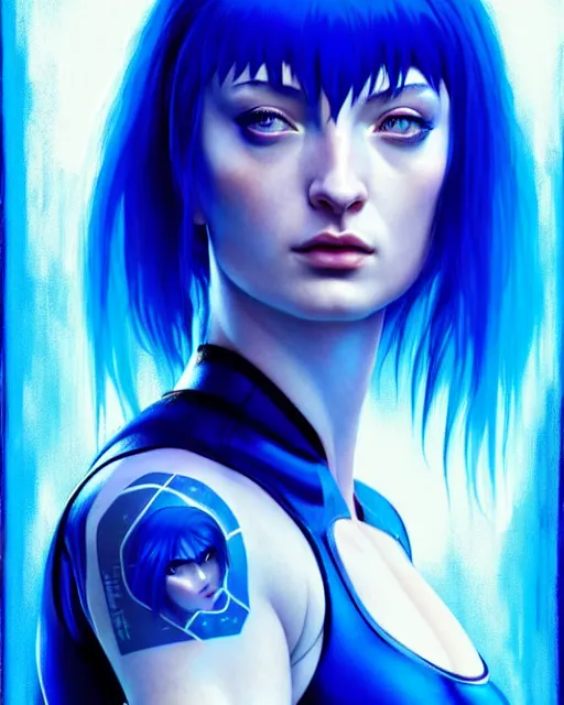 Image similar to electric blue haired cyborg muscular sophie turner in ghost in the shell poster, artgerm, jeremy lipkin, fine detail!!