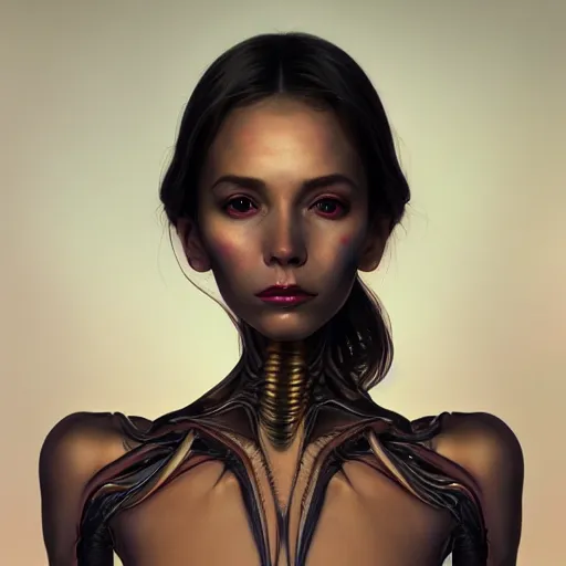 Image similar to wide angle full body portrait of an alien female, a perfect face and perfect body, thin waist, intricate, single face, highly detailed, digital painting, artstation, concept art, smooth, sharp focus, illustration, Unreal Engine 5, 8K, art by artgerm and greg rutkowski and alphonse mucha and david cronenberg