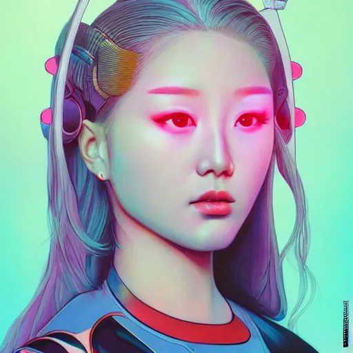 Image similar to portrait painting of a cyborg kim lip from loona, sharp focus, award - winning, trending on artstation, masterpiece, highly detailed, intricate. art by josan gonzales and moebius and deathburger