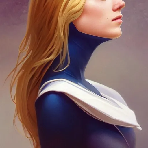 Prompt: a beautiful portrait of a beautiful cute young superhero woman, shoulder - length blonde hair, tight solid matte navy blue lycra bodysuit, white cape, buff, body, muscular, intricate, elegant, 8 k, highly detailed, digital painting, concept art, smooth, sharp focus, illustration, by artgerm greg rutkowski alphonse mucha loish wlop