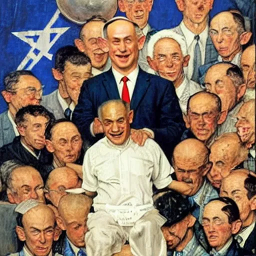 Image similar to benjamin netanyahu juggling, by norman rockwell and michael cheval