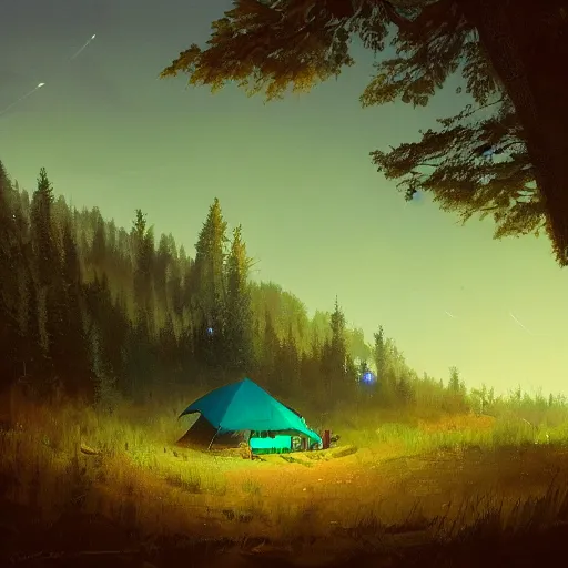 Image similar to rolling hills of the forest, campfire at night, green - blue coloured sky, art by greg rutkowski, trending on artstation, masterpiece