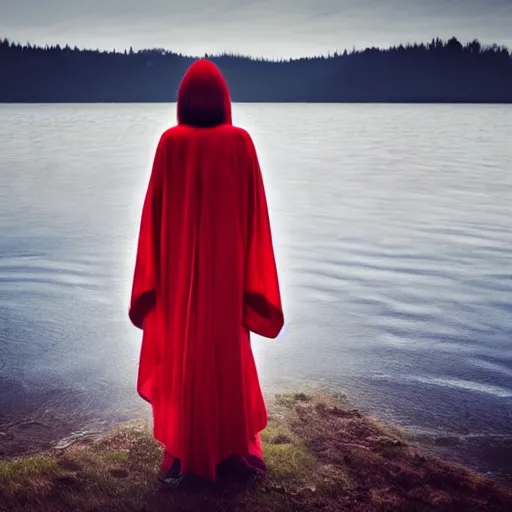 Prompt: beautiful lady with white long hair and dressed with a red victorian cloak, seen from behind, standing in a lake, mist, morning light, photorealistic