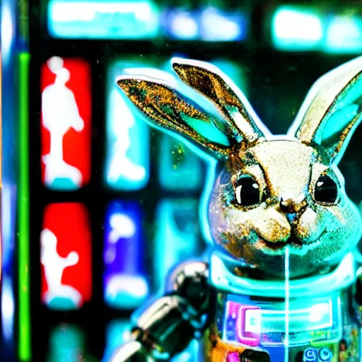 Prompt: vending machine item is a cybernetic rabbit, tilt shift, display photo, highly detailed, colorful, highly textured