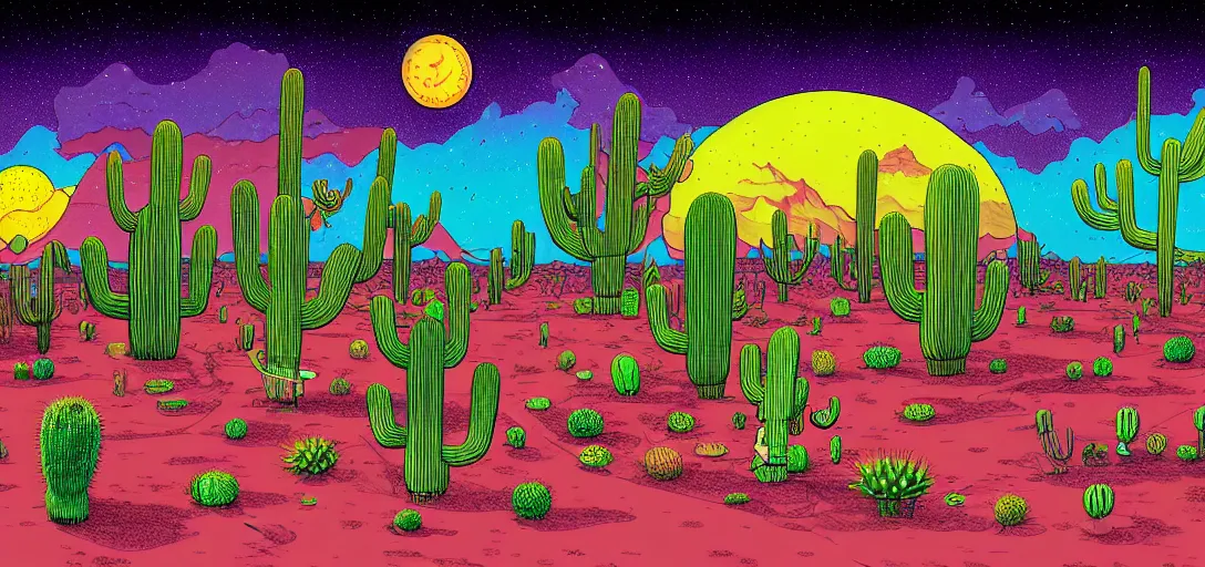 Prompt: A hand drawn digital still of mystical desert with strange ethereal creatures and cactus with a psychedelic night sky, A alien with a sombrero is walking thru the desk drunk drinking a beer in the style of Alex Grey and Moebius, risograph, Artstation HD, 8k, Surrealistic digital artwork,