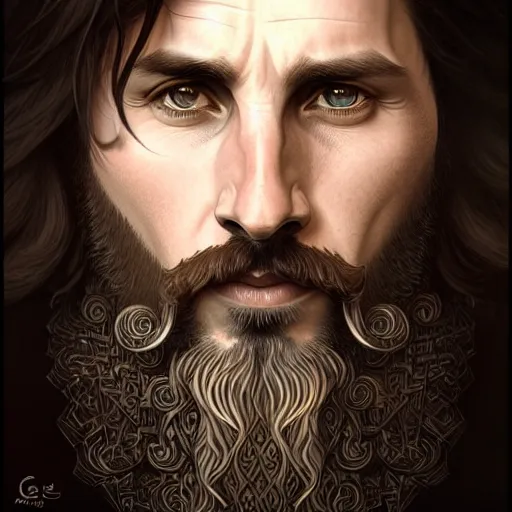 Image similar to Messi with a majestic beard, closeup, D&D, fantasy, intricate, elegant, highly detailed, digital painting, artstation, concept art, matte, sharp focus, illustration, art by Artgerm and Greg Rutkowski and Alphonse Mucha