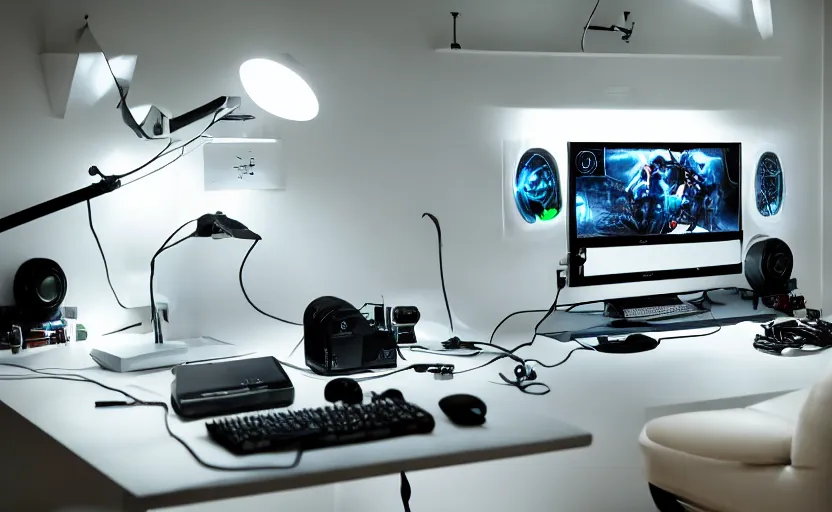 Prompt: futuristic gaming setup with white lighting, hd photograph, highly detailed, intricate, sharp focus