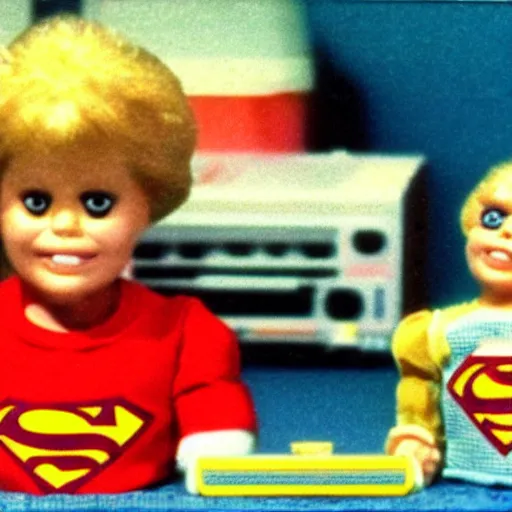 Image similar to vhs footage of an 8 0 s toy commercial of a super creepy toy