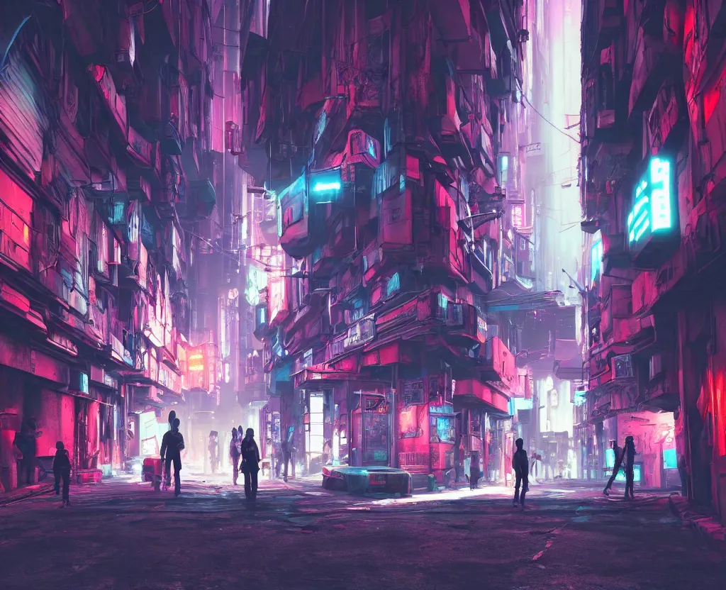 Prompt: three point perspective close wide angle shot of a matte painting environment design of cyberpunk alley with neon lights, people on the streets being monitored by flying drones, artstation, ultra realistic, volumetric lighting, 4k, octane render