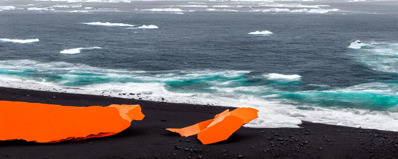 Image similar to cinematic shot of giant orange and white military spacecraft wreckage on an endless black sand beach in iceland with icebergs in the distance, 2 8 mm, shockwave