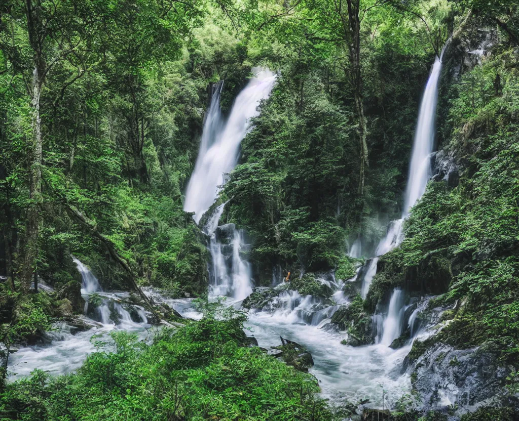 Prompt: the most beautiful panoramic 3 5 mm photography where a giant dreamy waterfall creates a river the trees around are starting and a deer