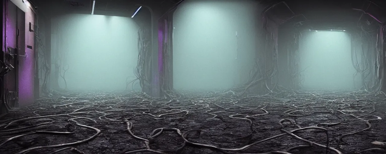 Image similar to Film still of a dimly lit corridor on an alien space ship, dark matte metal, floor grills, ventilation shafts, dusty, mist and smoke, purple and cyan lighting, water dripping, puddles, wet floor, rust, decay, vines, overgrown, alien plants, tilted camera angle, a mysterious creature in the distance, wide-angle lens vanishing point, year 3000, Cinestill colour cinematography, anamorphic, giger