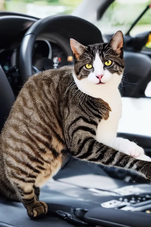 Prompt: Wide angle photoreal Cinematography of Toonces, The Cat Who Could Drive A Car inside and behind the wheel of a car, driving a car with comedian Steve Martin as a Passenger, shot on a 9.8mm wide angle lens