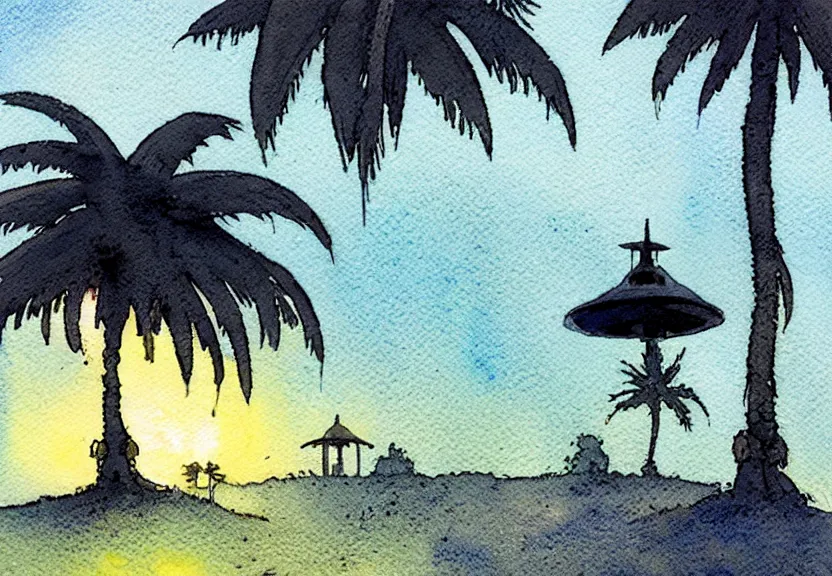 Image similar to a simple watercolor fantasy concept art of a dark grey boxy ufo next to a palm tree at night. by studio ghibli, rebecca guay, michael kaluta, charles vess