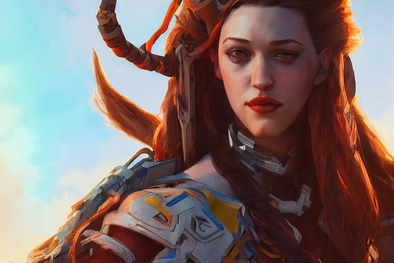 Prompt: Kat Dennings as Alloy from Horizon Zero Dawn by Mandy Jurgens and Artgerm and william-adolphe bouguerea, highly detailed, trending on artstation, award winning, H 768