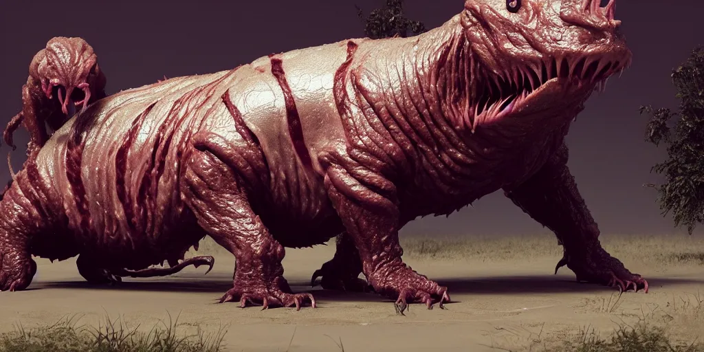 Image similar to the wrinkle skin meat eater creature monster sci fi strange animal by neville page, ken barthelmey, carlos huante and doug chiang, sharp focus, trending on artstation, hyper realism, octane render, 8 k, hyper detailed, ultra detailed, highly detailed, zbrush, concept art, creature design