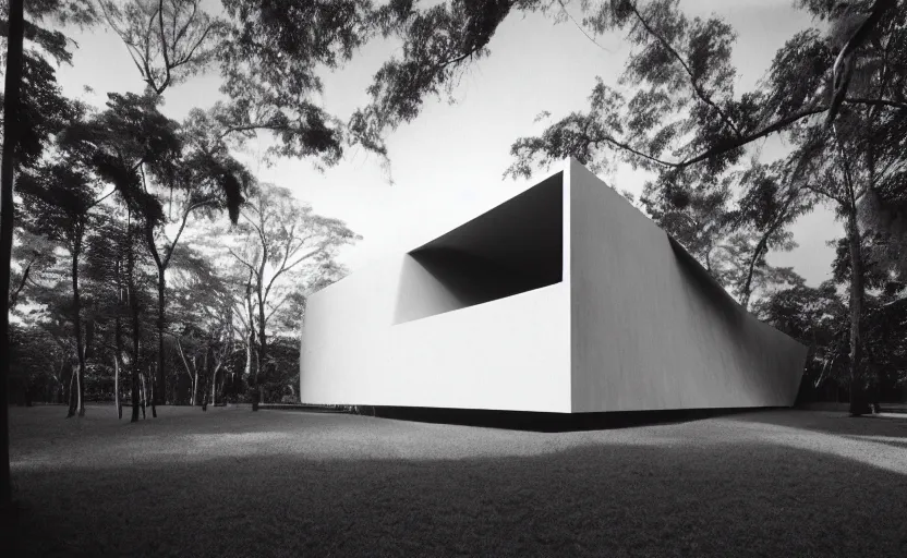 Prompt: white house by tadao ando in the tropical wood, mystic, melancholy, pinhole analogue photo quality, lomography, scratches on photo, monochrome