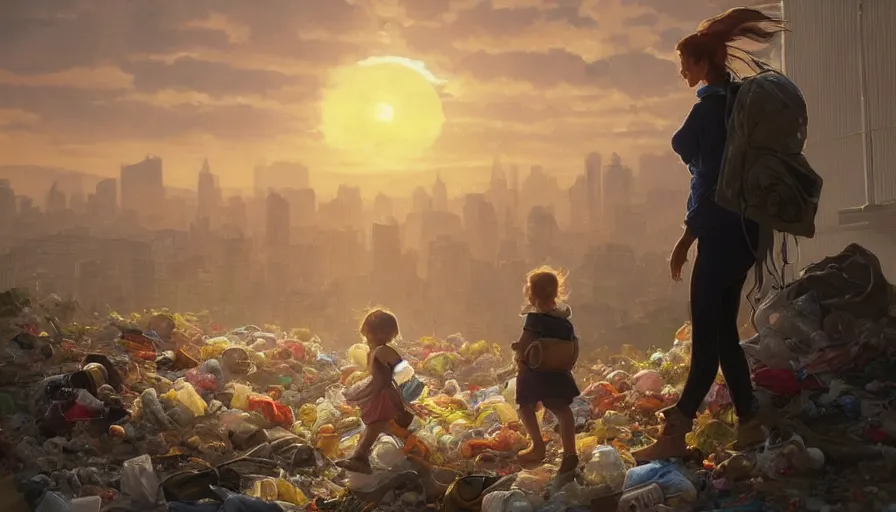 Image similar to poor detailed mom with child with backpack looking for food at garbage dump, city is pure wasteland, sunset in background, detailed characters, alphonse mucha, greg rutkowski, trending on artstation, artgerm, breathtaking, sharp focus, smooth, mark arian, award winning, highly detailed 4 k art