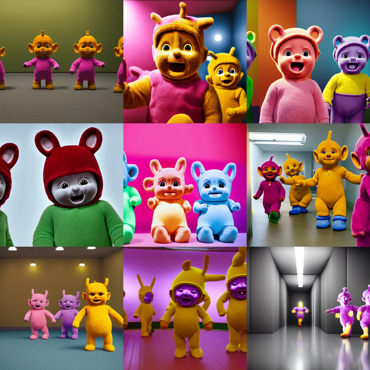 Prompt: ultra realistic teletubbies in the backrooms, low key, disturbing, 8 k, bokeh