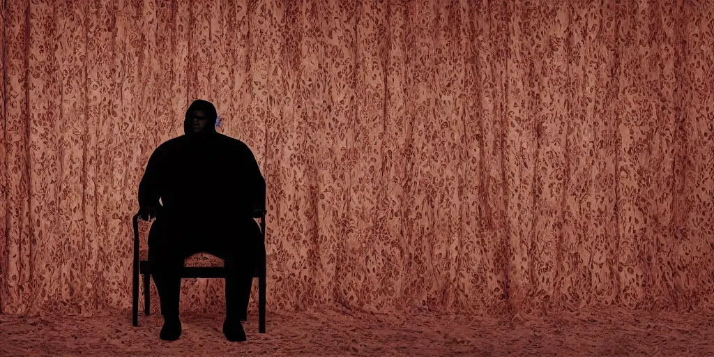 Image similar to photo style of nick fancher, portrait of silhouette of big black man sitting on throne, background made of big curtains