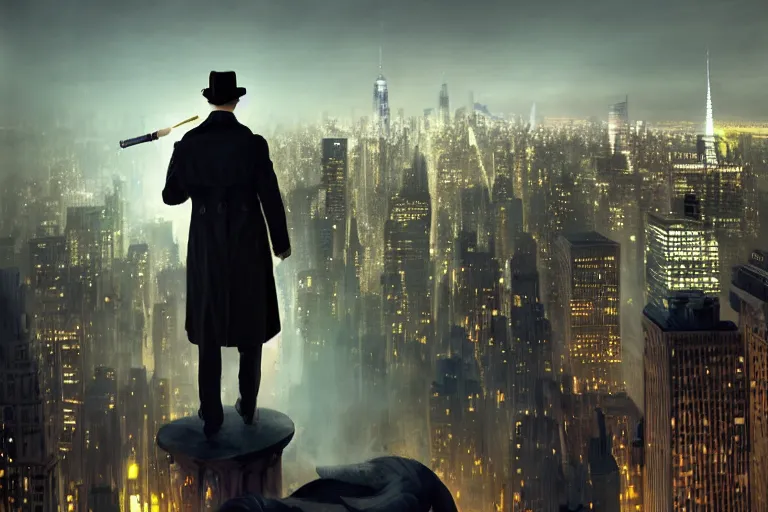 Prompt: stunningly mysterious, detective wearing a trench coat smoking a glowing pipe on a perch facing the city at night, smooth, focus, highly detailed, hyper realistic, dramatic lighting, intricate, concept art, new york skyline, looking down, art by wlop, greg rutowski, artstation