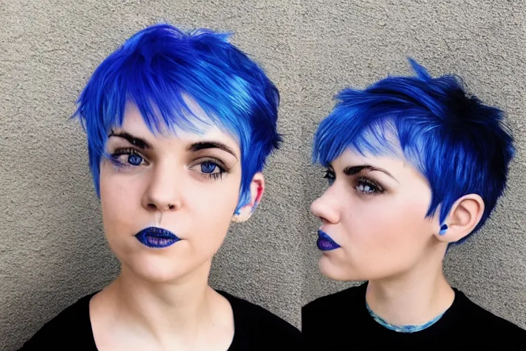 Image similar to photo of young cute punk woman with blue pixie cut posing, hyper detailed