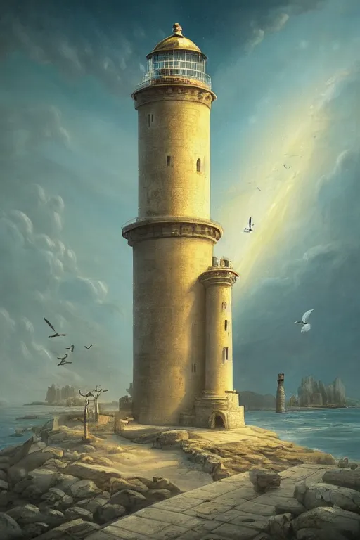 Prompt: Detailed Exterior Shot of The Serene Ancient Lighthouse of Alexandria, light of god, light shafts, flock of birds, stunning atmosphere, in Style of Peter Mohrbacher, cinematic lighting