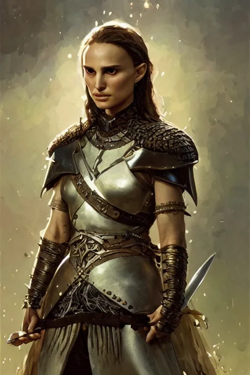 Image similar to natalie portman, legendary warrior, heroic, lord of the rings, tattoos, decorative ornaments, battle armor, by carl spitzweg, ismail inceoglu, vdragan bibin, hans thoma, greg rutkowski, alexandros pyromallis, perfect face, fine details, realistic shading photorealism