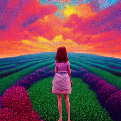 Image similar to vast flower face, girl standing in a flower field, surreal photography, sunrise dramatic light, impressionist painting, colorful clouds, digital painting, pointillism, artstation, simon stalenhag