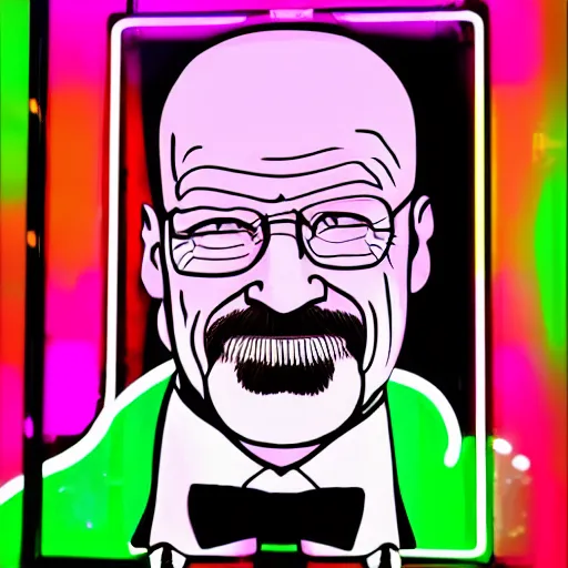Image similar to portrait of walter white in a tuxedo, laughing in a modern night club, neon lights