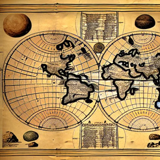 Image similar to detailed map of a planet teeming with ancient history, printed on parchment, 8 k