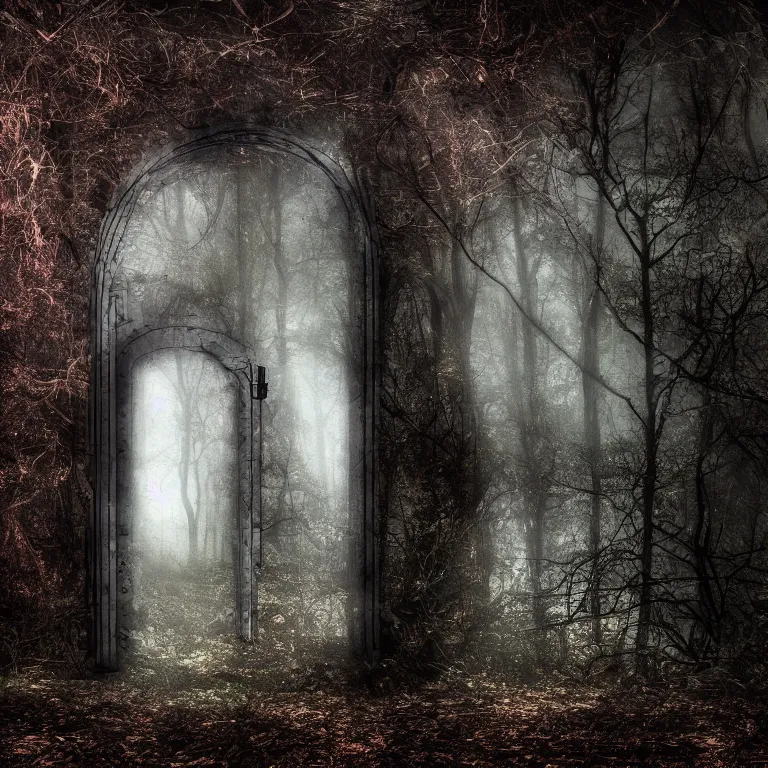 Prompt: Secret lit iron door portal in dark eerie mysterious forest landscape photography 4k