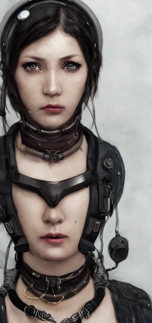 Image similar to detailed realistic female character cyberpunk wearing thick technological collar around neck, realistic, art, beautiful, 4K, collar, choker, collar around neck, punk, artstation, detailed, female, woman, choker, cyberpunk, punk, collar, choker, collar around neck,