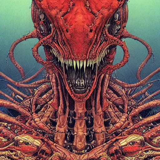 Prompt: simple concept art portrait of, ‘ the carnivore alien ’. an award winning yoshitaka amano digital art poster, by james gurney and gerhard richter. art by takato yamamoto. masterpiece, deep colours.