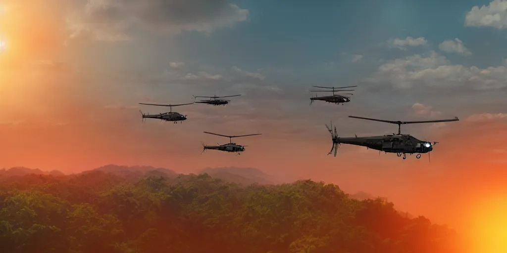 Prompt: Painting of vietnam Huey Helicopters, above a forest, orange sun set, abstract, realism, high details, glow, far, distance, over the horizon, drawn, 8k, octane render, 3D