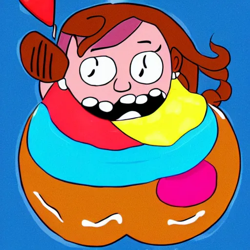 Image similar to Mabel Pines, gravity falls character, eating a donut, colourful, drawing, masterpiece, high detail, digital art