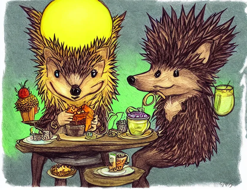 Image similar to hedgehog witch in a suspicious cafe. complementary colors, copic markers, indie concept art, bloom, chiaroscuro, backlighting, intricate details.