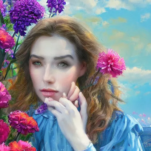 Image similar to a portrait of a romantic woman with flowers grow out of hair, roses peonies forget-me-nots dahlias lupins gladioli, sky theme in background, by Alexandr Averin, Digital Art, Trending on artstation