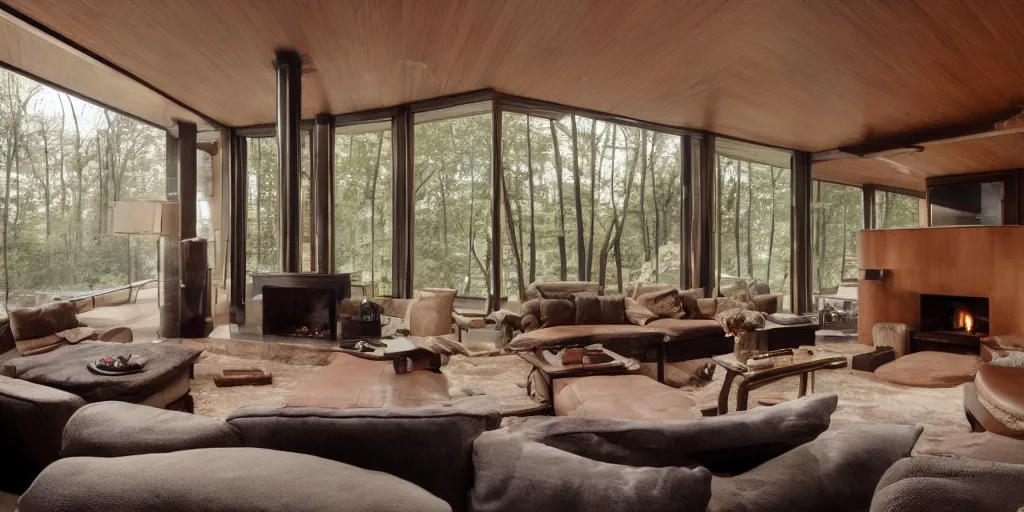 Image similar to an elegant interior photo of a sunken living room with a fireplace, dark wood , sofa, chair, end table, designed by Frank Loyd Wright, a zombie apocolypse can be seen outside